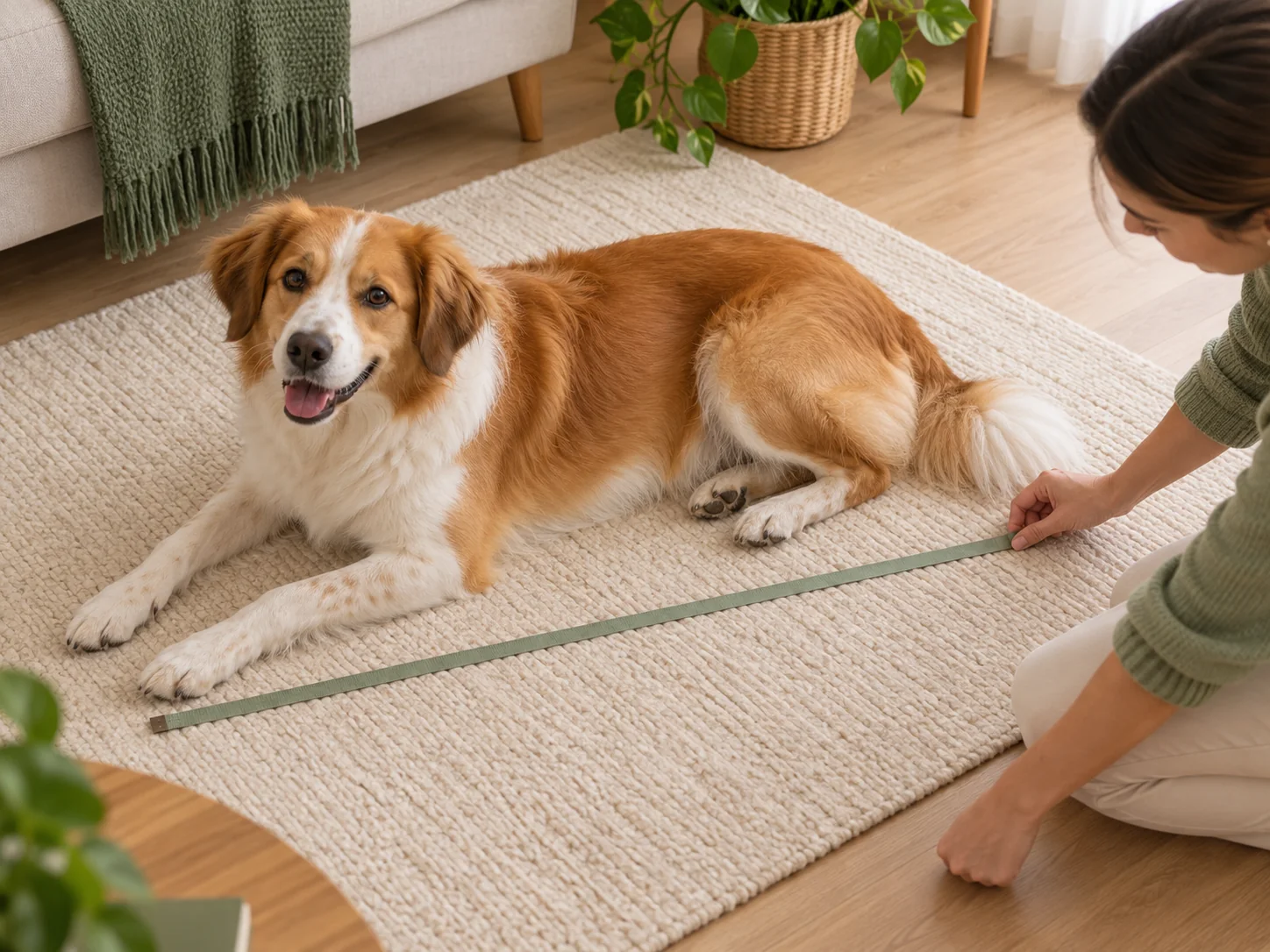 Pessoa mede no chão o espaço ocupado por um cão deitado, mantendo a fita ao lado do corpo.